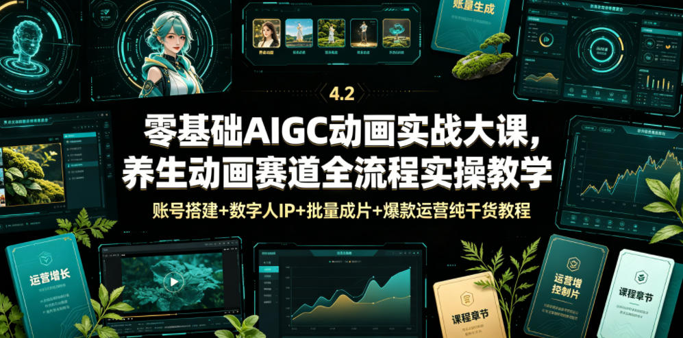 零基础AIGC动画实战大课，养生动画赛道全流程实操教学，账号搭建+数字人IP+批量成片+爆款运营纯干货教程-知创网
