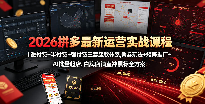 2026拼多多最新运营实战课程｜微付费+半付费+强付费三套起款体系，叠券玩法+矩阵推广+AI批量起店，白牌店铺直冲黑标全方案-知创网