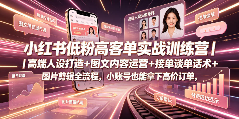 小红书低粉高客单实战训练营｜高端人设打造+图文内容运营+接单谈单话术+图片剪辑全流程，小账号也能拿下高价订单-知创网