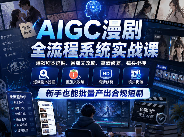 AIGC漫剧全流程系统实战课，爆款剧本挖掘、番茄文改编、高清修复、镜头衔接，新手也能批量产出合规短剧-知创网