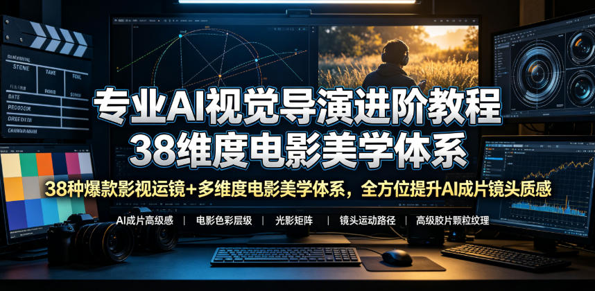 专业AI视觉导演进阶教程，38种爆款影视运镜+多维度电影美学体系，全方位提升AI成片高级感与镜头质感-知创网