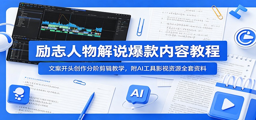 励志人物解说爆款内容教程：文案开头创作分阶剪辑教学，附AI 工具影视资源全套资料-知创网