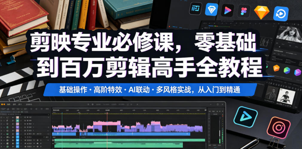 剪映专业必修课,零基础到百万剪辑高手全教程,基础操作・高阶特效・AI联动・多风格实战,从入门到精通-知创网