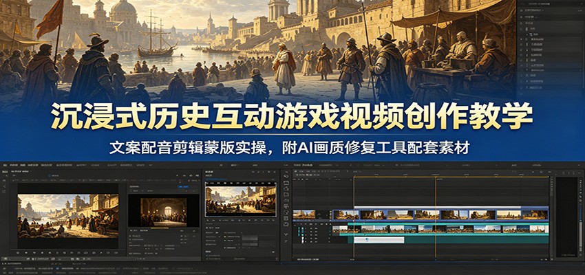 沉浸式历史互动游戏视频创作教学：文案配音剪辑蒙版实操，附AI画质修复工具配套素材-知创网