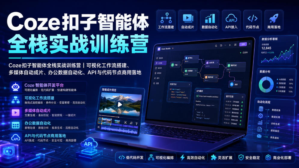Coze扣子智能体全栈实战训练营｜可视化工作流搭建、多媒体自动成片、办公数据自动化、API与代码节点商用落地-知创网