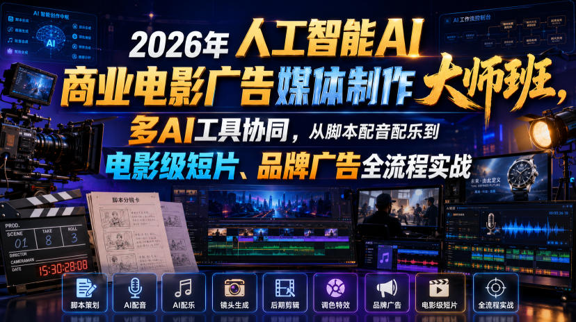 2026年人工智能AI商业电影广告媒体制作大师班,多AI工具协同,从脚本配音配乐到电影级短片、品牌广告全流程实战(中英字幕)-知创网