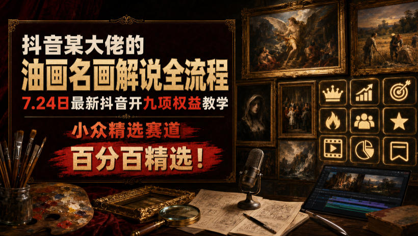 抖音某大佬的油画名画解说全流程，7.24日最新抖音开九项权益教学，小众精选赛道，百分百精选！-知创网