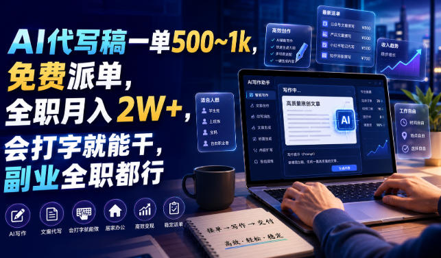 AI代写稿一单500~1k，免费派单，全职月入2W+，会打字就能干，副业全职都行【揭秘】-知创网
