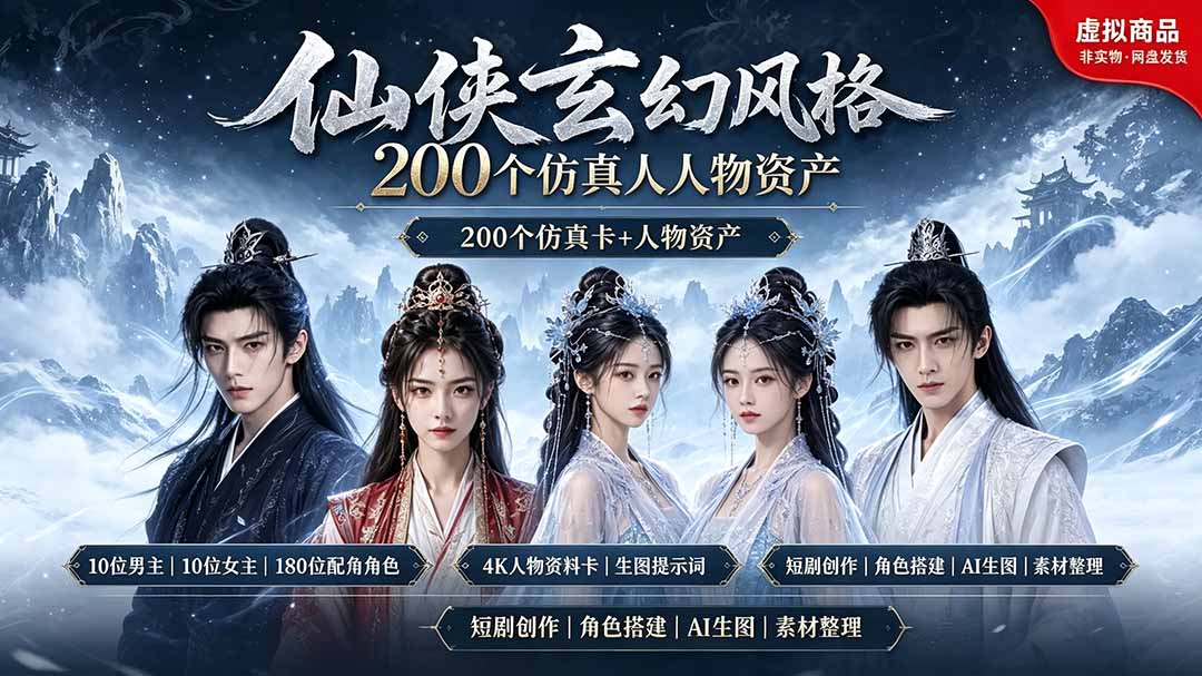 （19301期）200个仙侠玄幻仿真人素材◆10男主×10女主×180配角，4K资料卡+AI生图提示词，漫剧必备-知创网