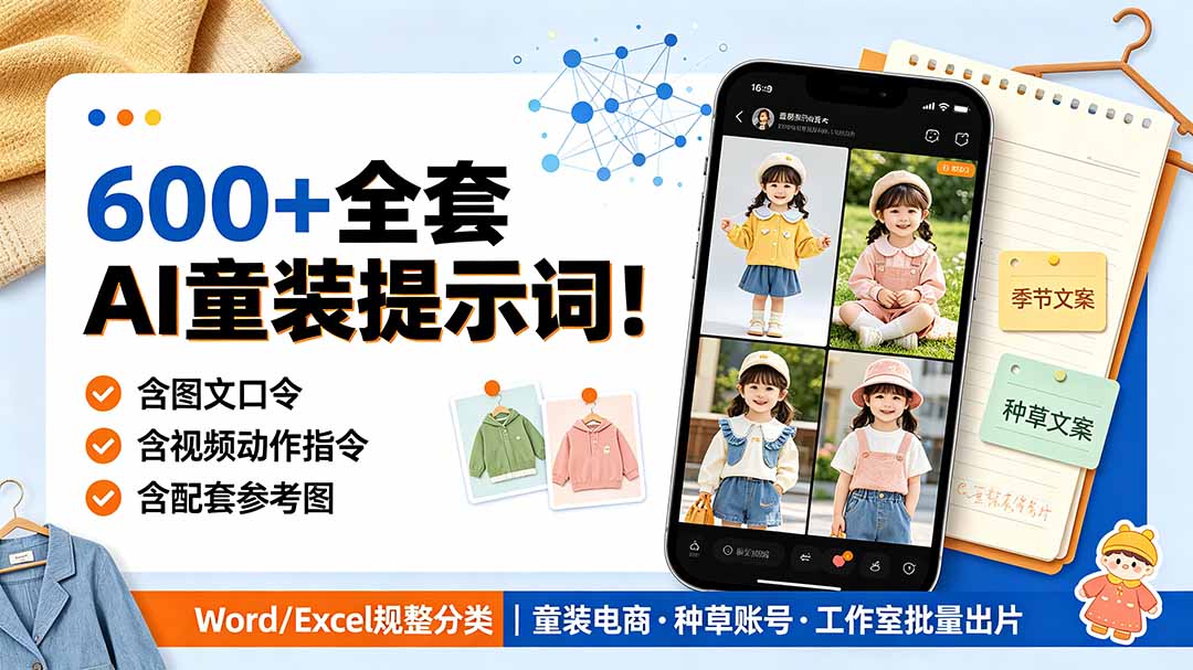 （19302期）600+全套AI童装提示词！含图文口令+视频动作指令+配套参考图，Word/Excel规整分类，童装电商、种草无脑量产内容-知创网