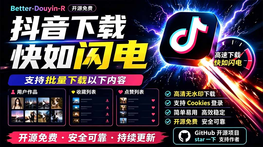 (19445期)别再乱找了!D音下载快如闪电,支持批量下载用户作品收藏列表和点赞列表,开源免费 Better-douyin-R-知创网