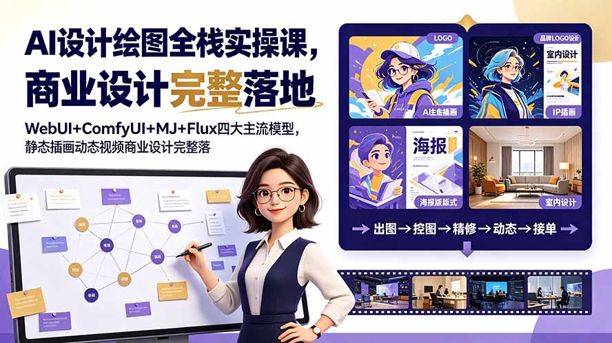 （19244期）AI设计绘图全栈实操课，WebUI+ComfyUI+MJ+Flux四大主流模型，静态插画动态视频商业设计完整落地教程-知创网