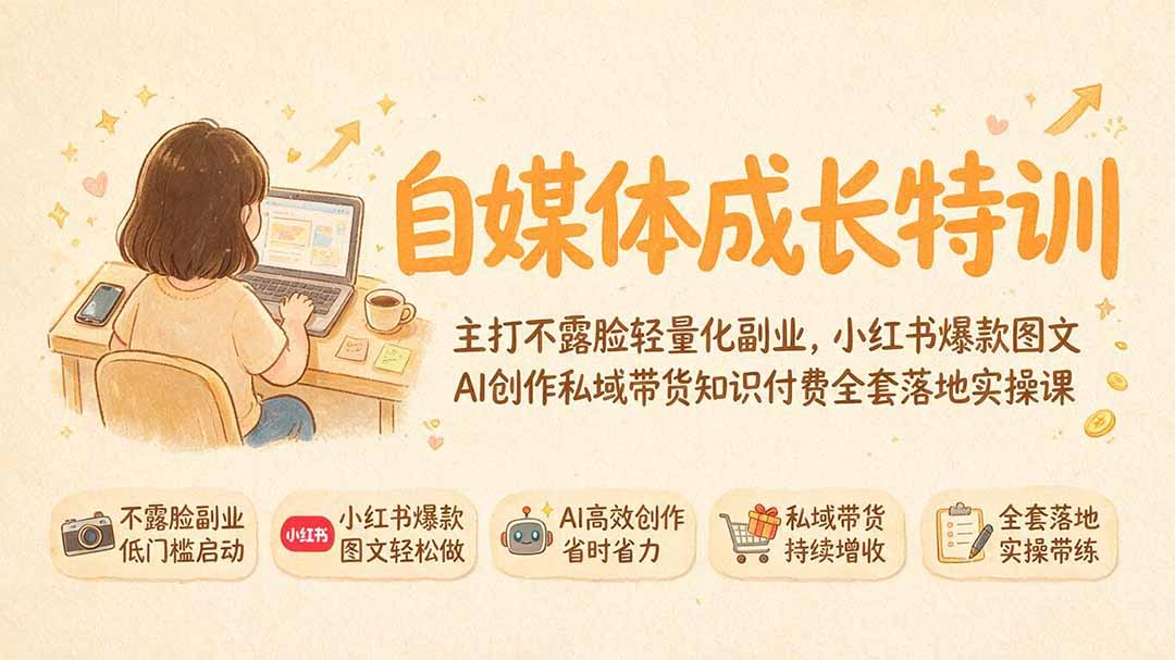 （19584期）自媒体成长特训｜主打不露脸轻量化副业，小红书爆款图文AI创作私域带货知识付费全套落地实操课-知创网