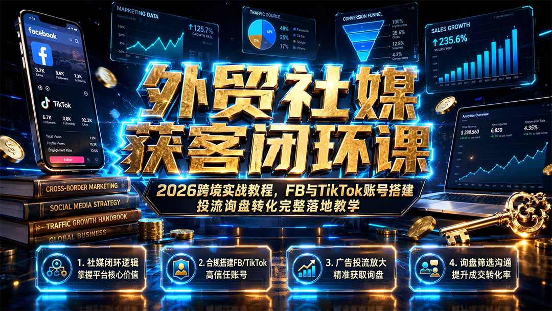 (19611期)外贸社媒获客闭环课|2026跨境实战教程,FB与TikTok账号搭建投流询盘转化完整落地教学-知创网
