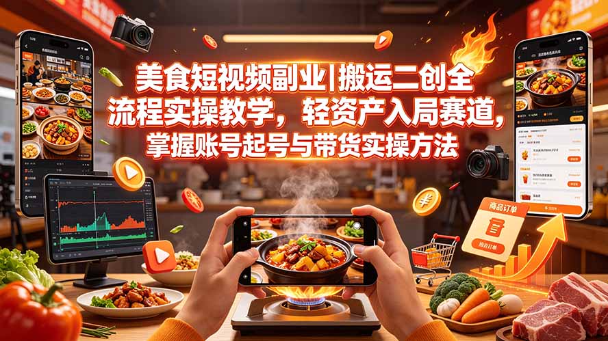 （19535期）美食短视频副业｜搬运二创全流程实操教学，轻资产入局赛道，掌握账号起号与带货实操方法-知创网