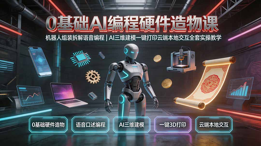 （19612期）0基础AI编程硬件造物课｜机器人组装拆解语音编程，AI三维建模一键打印云端本地交互全套实操教学-知创网