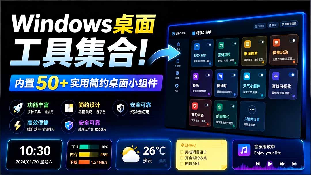 （19585期）Windows桌面工具集合！内置50+实用简约桌面小组件，含截图、录屏、翻译、天气等，多秘工具箱-知创网