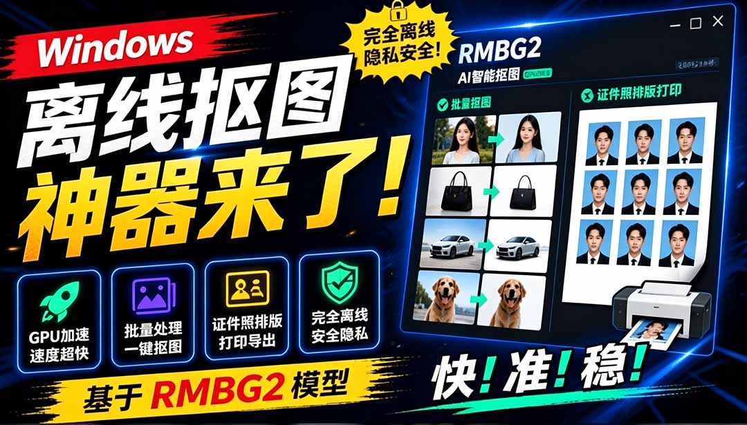 （19357期）Windows离线抠图神器来了！支持批量抠图 + 证件照排版打印，基于RMBG2模型，GPU加速 方块AI抠图-知创网