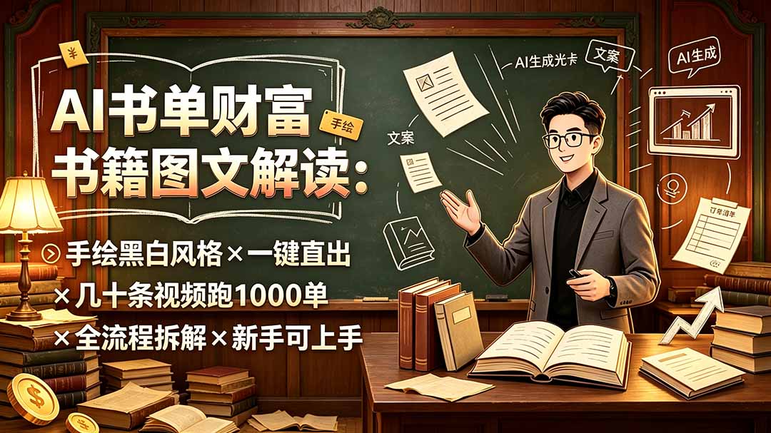 （19515期）AI书单财富书籍图文解读：手绘黑白风格×一键直出×几十条视频跑1000单×全流程拆解×新手可上手-知创网