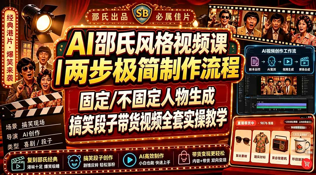 （19602期）AI邵氏风格视频课｜两步极简制作流程，固定/不固定人物生成，搞笑段子带货视频全套实操教学-知创网