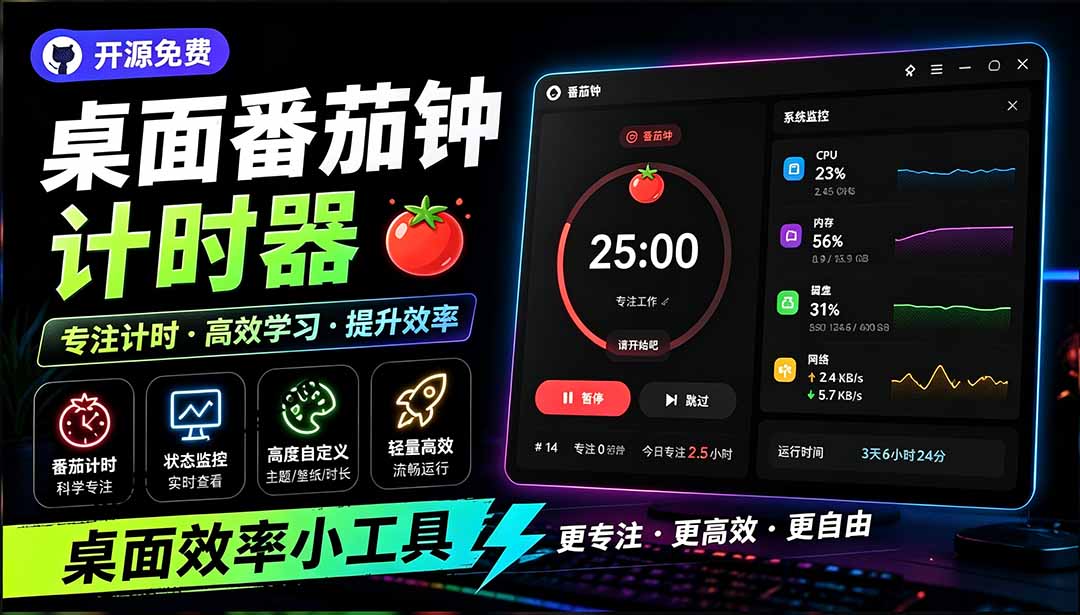 （19564期）仅1.16MB，开源极简的桌面时钟、番茄钟计时器，还支持系统监控显示，桌面效率小工具 Catime-知创网