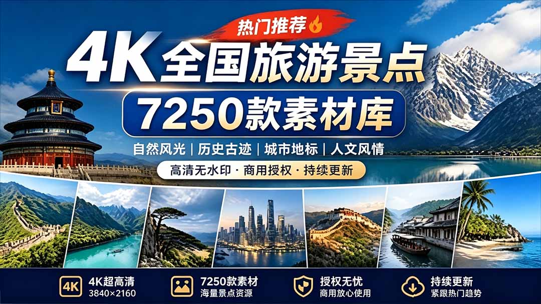 (19309期)热门全国旅游风景素材!4K全国旅游景点素材库,7250款素材,旅行达人城市航拍风景风光高清短视频-知创网
