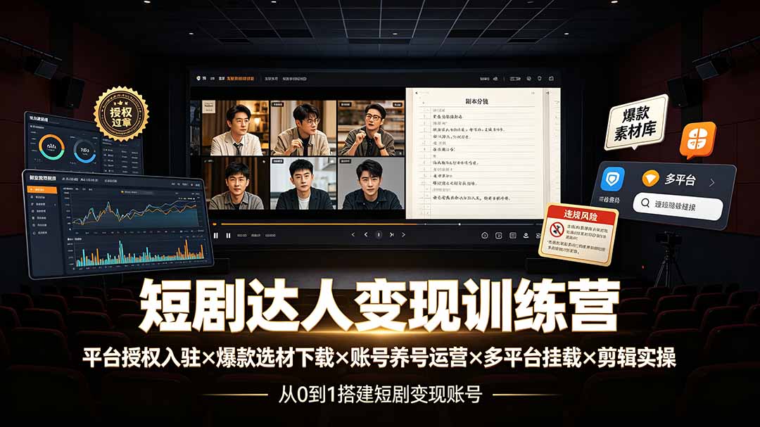 （19551期）短剧达人变现训练营：平台授权入驻×爆款选材下载×账号养号运营×多平台挂载×剪辑实操×违规处理全流程-知创网