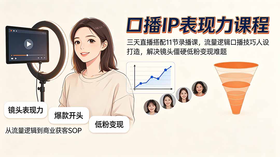 （19604期）口播IP表现力课程｜三天直播搭配11节录播课，流量逻辑口播技巧人设打造，解决镜头僵硬低粉变现难题-知创网