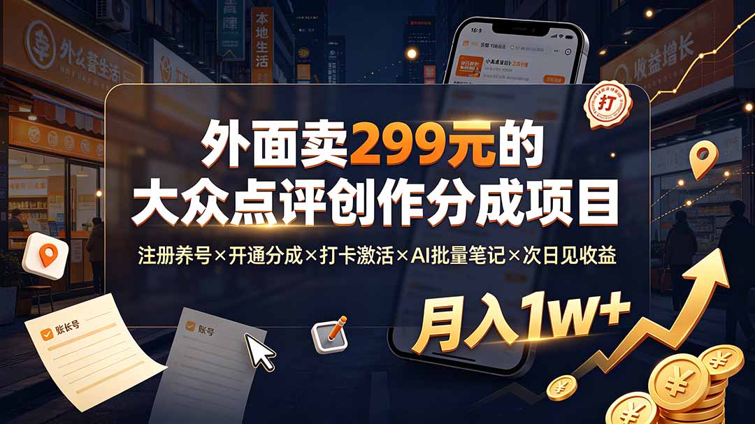 （19488期）外面卖299元的大众点评创作分成项目：注册养号×开通分成×打卡激活×AI批量笔记×次日见收益，月入1w+-知创网
