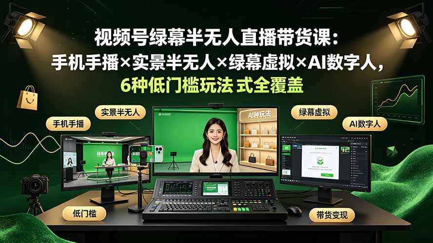 （19271期）视频号绿幕半无人直播带货课：手机手播×实景半无人×绿幕虚拟×AI数字人，6种低门槛玩法全覆盖-知创网