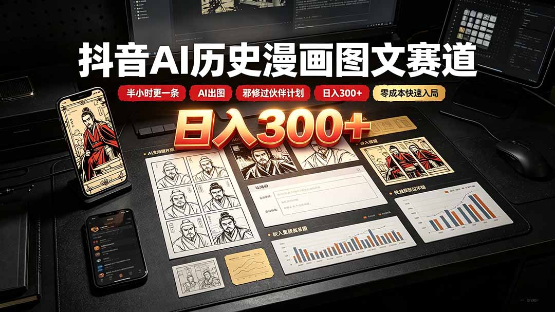 （19498期）抖音AI历史漫画图文赛道：半小时更一条×AI出图×邪修过伙伴计划×日入300+，零成本快速入局-知创网