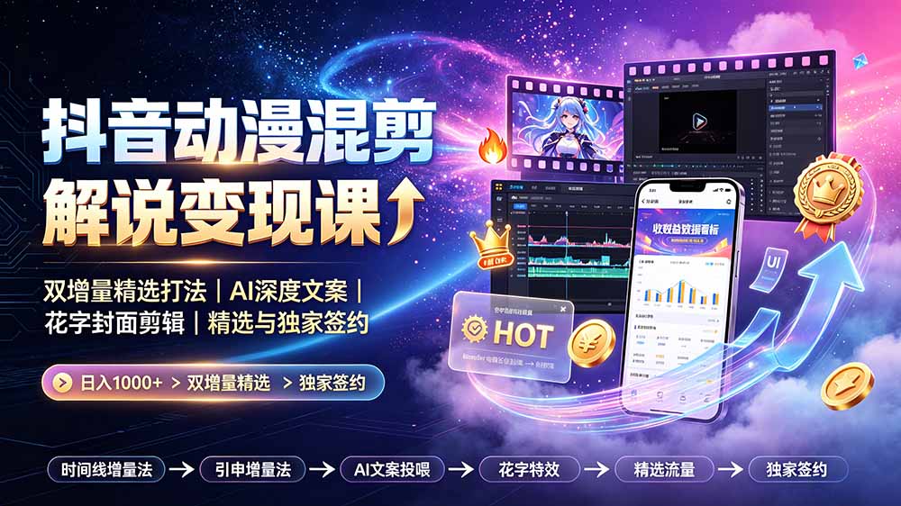 （19311期）抖音动漫混剪解说变现课：双增量精选打法｜AI深度文案｜花字封面剪辑｜ 精选与独家签约日入1000+-知创网