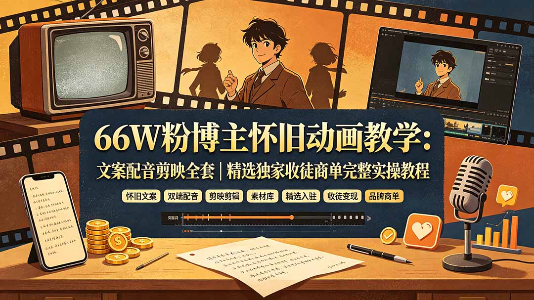 （19499期）66W粉博主怀旧动画教学：文案配音剪映全套｜精选独家收徒商单完整实操教程-知创网