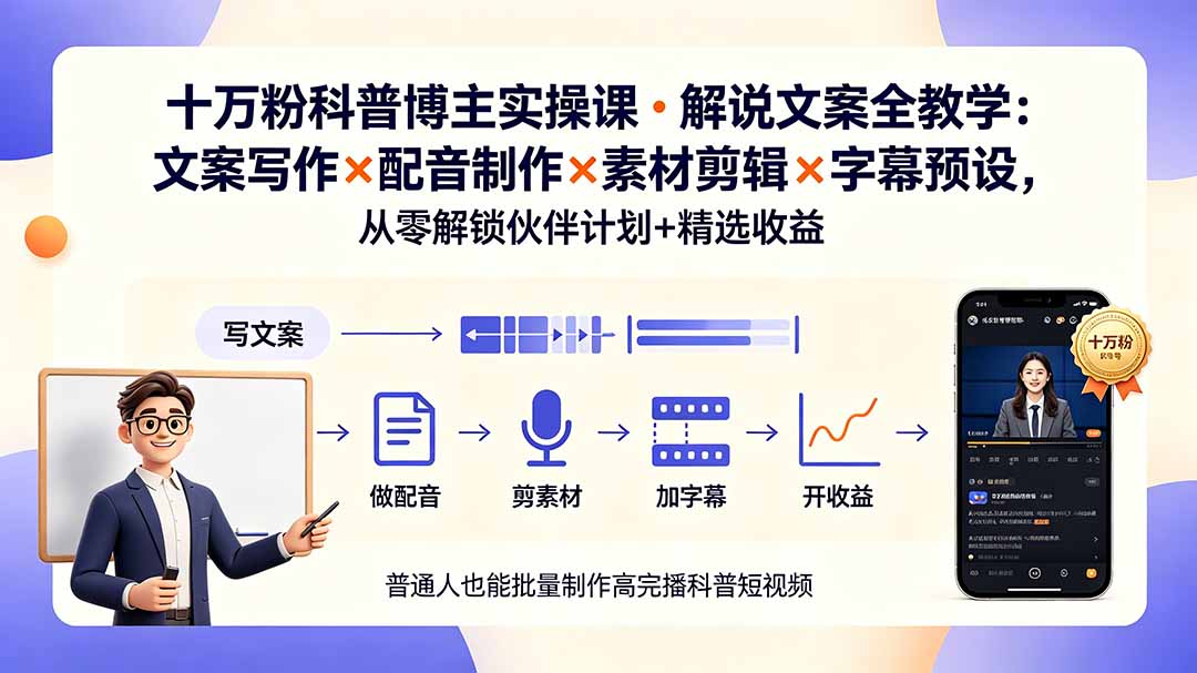 (19275期)10万粉科普博主实操课-解说文案全教学:文案写作×配音制作×素材剪辑×字幕预设,从零解锁伙伴计划+精选收益-知创网