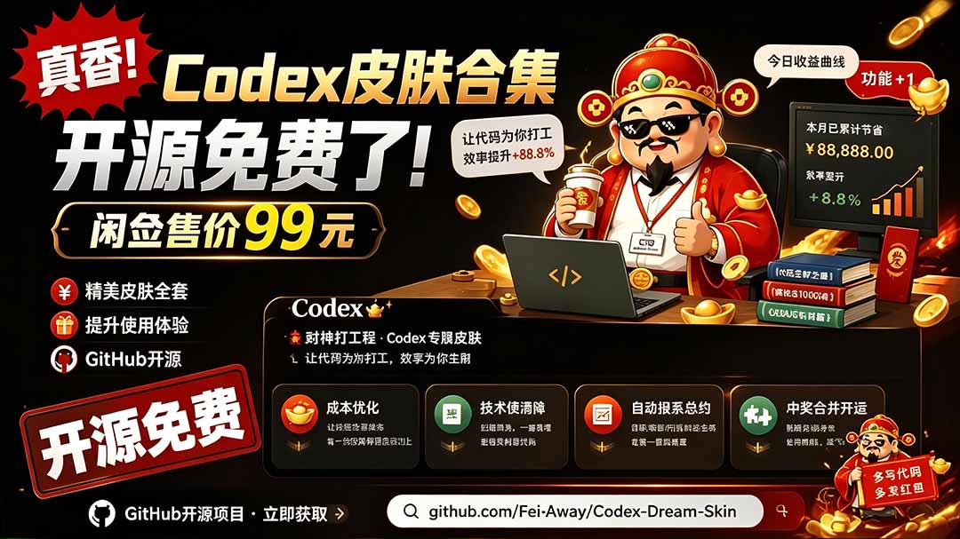 (19432期)闲鱼售卖99元的Codex皮肤包,GitHub 免费开源了!让你的codex变成精美界面 Codex Dream Skin-知创网