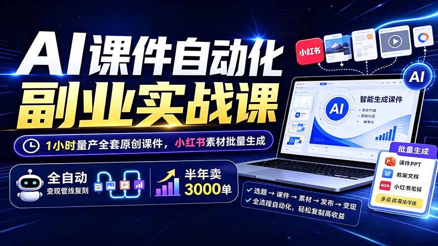 （19518期）AI课件自动化副业实战课：1小时量产全套原创课件×小红书素材批量生成×全自动变现管线×半年卖3000单-知创网