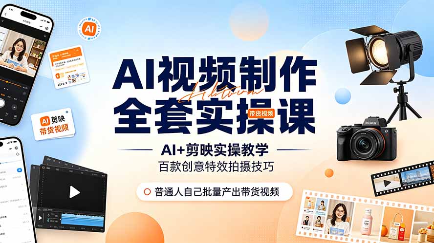 (19200期)AI视频制作全套实操课,多款AI工具搭配剪映教学,百种特效运镜拍摄实操,抖音账号带货运营全覆盖-知创网