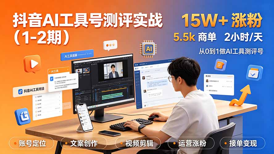 （19380期）抖音AI工具号测评实战（1-2期）：单号涨粉15W+×商单5.5k×伙伴计划×普通人可复制，每天2小时长期可持续-知创网