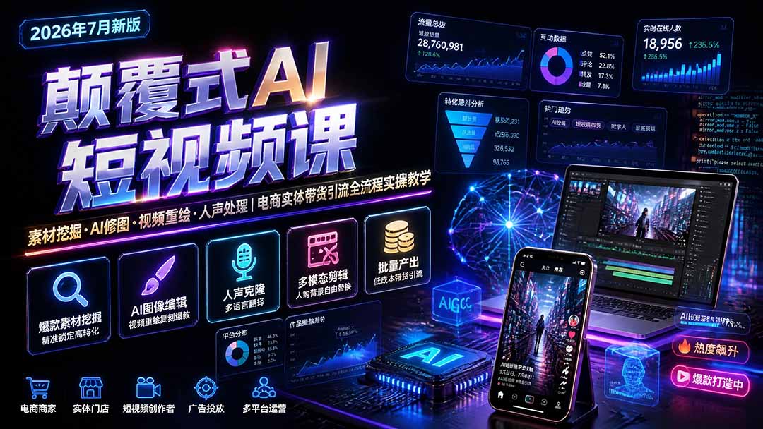 (19630期)颠覆式AI短视频课|素材挖掘,AI修图,视频重绘,人声处理|电商实体带货引流全流程实操教学-知创网