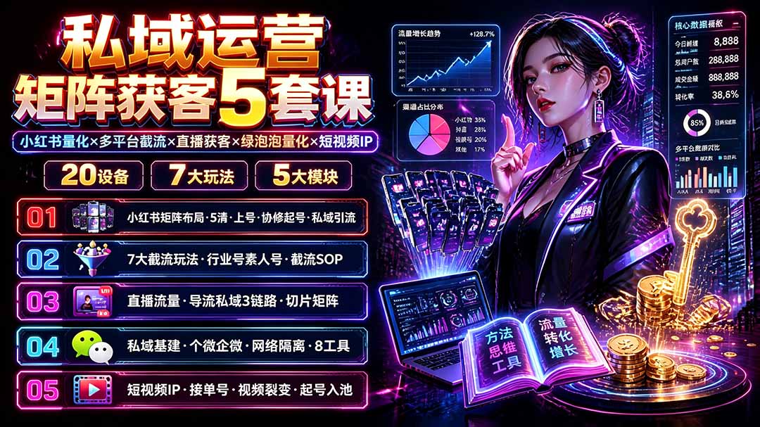 （19617期）私域运营矩阵获客5套课：小红书量化×多平台截流×直播获客×绿泡泡量化×短视频IP×20设备×7大玩法-知创网
