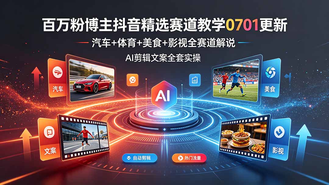 （19144期）百万粉博主抖音精选赛道教学-0701更新，汽车+体育+美食+影视全赛道解说，AI剪辑文案全套实操-知创网