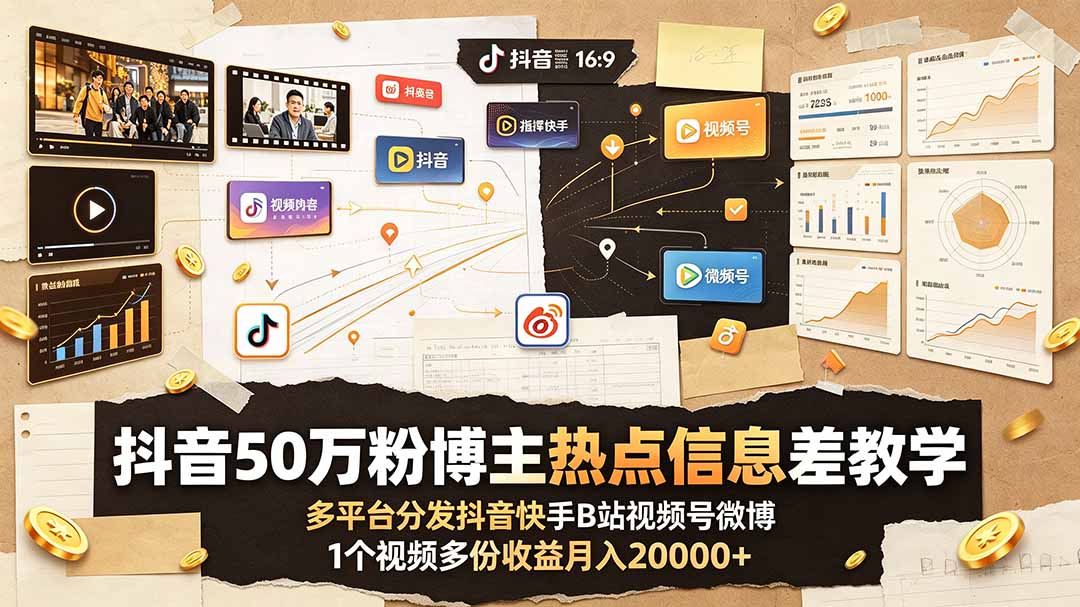 （19145期）抖音50万粉博主热点信息差教学：多平台分发抖音快手B站视频号微博，1个视频多份收益月入20000+-知创网