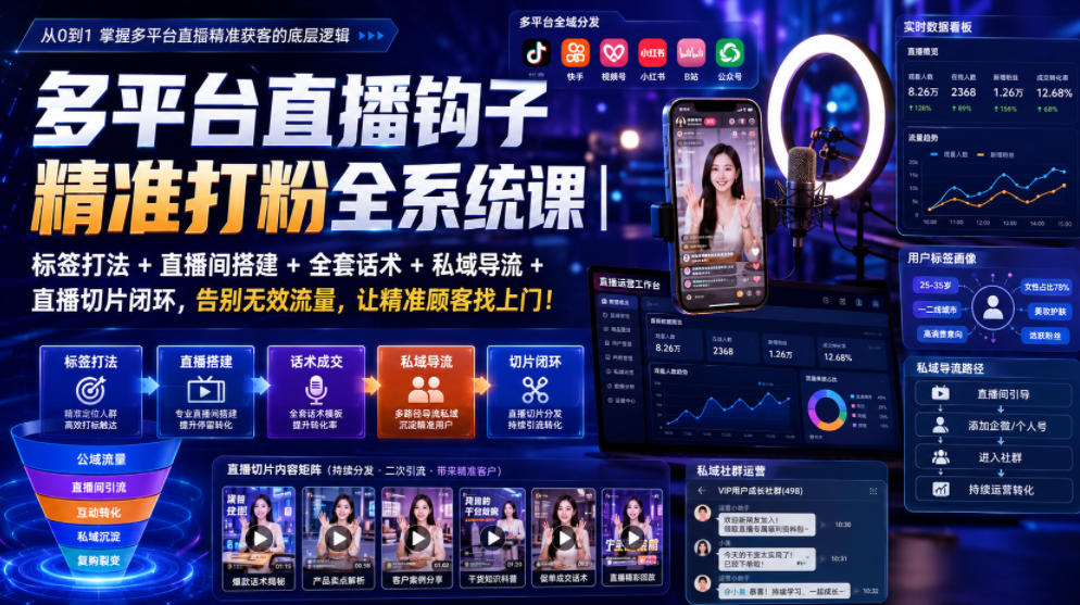 多平台直播钩子精准打粉全系统课｜标签打法+直播间搭建+全套话术+私域导流+直播切片闭环，告别无效流量，让精准顾客找上门！-知创网