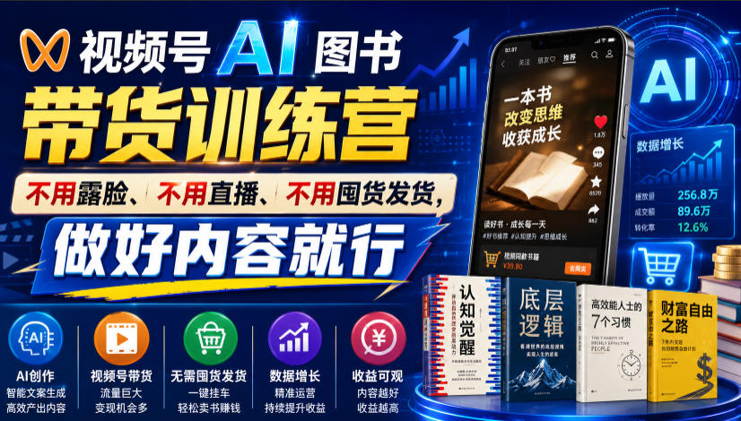 视频号AI图书带货训练营,不用露脸、不用直播、不用囤货发货,做好内容就行,一条爆款视频佣金8942-知创网
