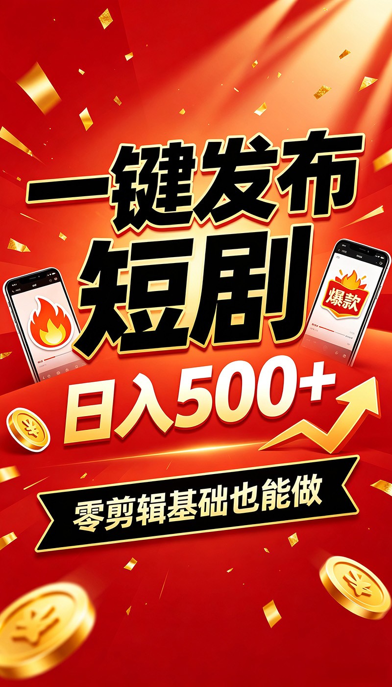 快手短剧一键发布，不用剪辑操作简单，副业日入500+。空闲时间轻松赚收益-知创网