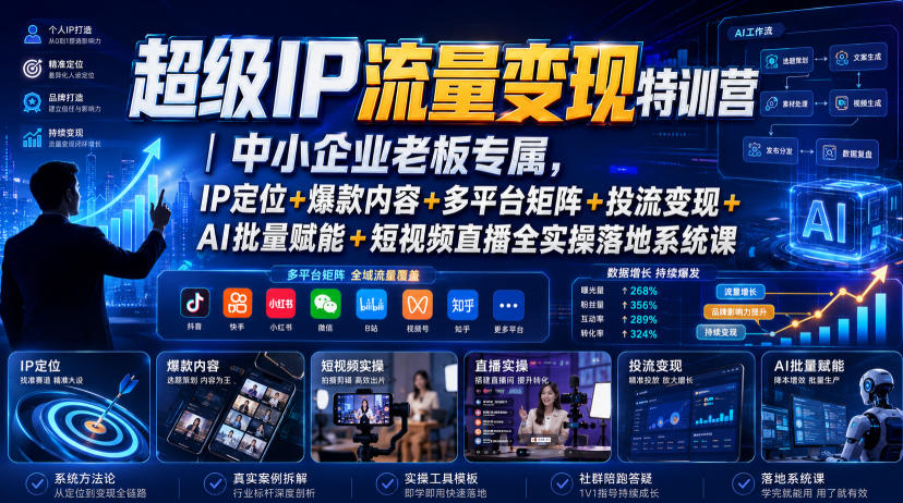 超级IP流量变现特训营｜中小企业老板专属，IP定位+爆款内容+多平台矩阵+投流变现+AI批量赋能+短视频直播全实操落地系统课-知创网
