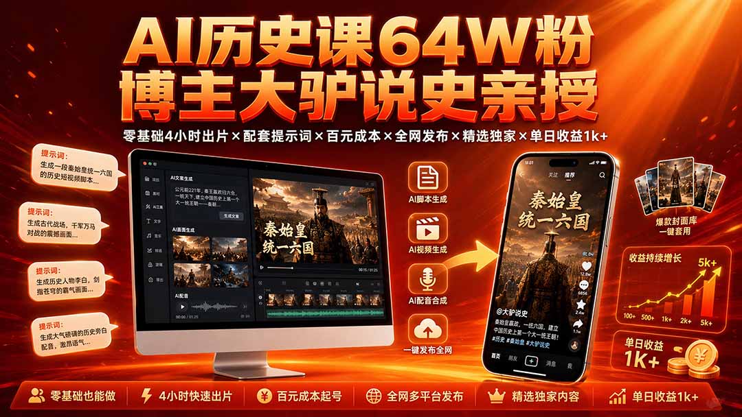 （19557期）AI历史课64W粉博主大驴说史亲授：零基础4小时出片×配套提示词×百元成本×全网发布×精选独家×单日收益1k+-知创网
