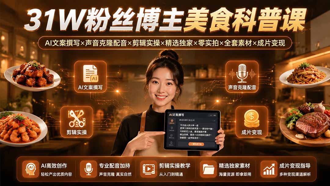 (19558期)31W粉丝博主美食科普课:AI文案撰写×声音克隆配音×剪辑实操×精选独家×零实拍×全套素材×成片变现-知创网