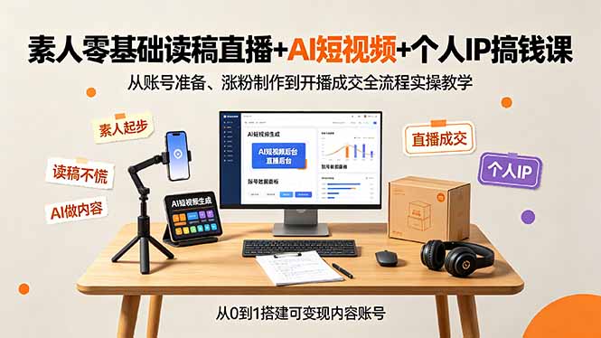 （19232期）素人零基础读稿直播+AI短视频+个人IP搞钱课，从账号准备、涨粉制作到开播成交全流程实操教学-知创网