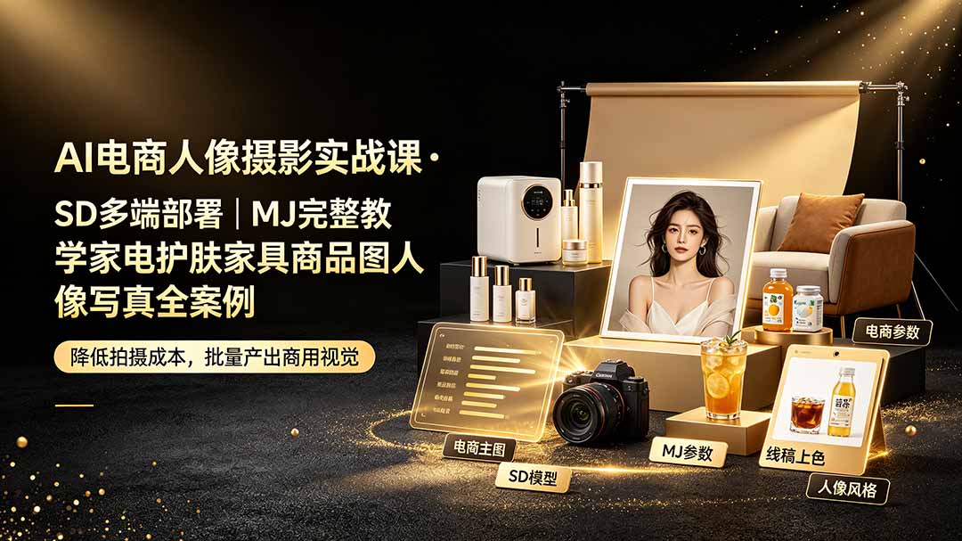 （19262期）AI电商人像摄影实战课·SD多端部署｜MJ完整教学｜家电护肤家具商品图人像写真全案例-知创网